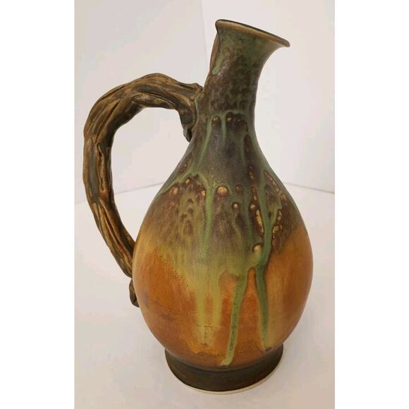 Vintage Artisan Pottery Ewer Jug w/ Stopper Oak Leaves Acorn Twig Fall Signed - Picture 6 of 14